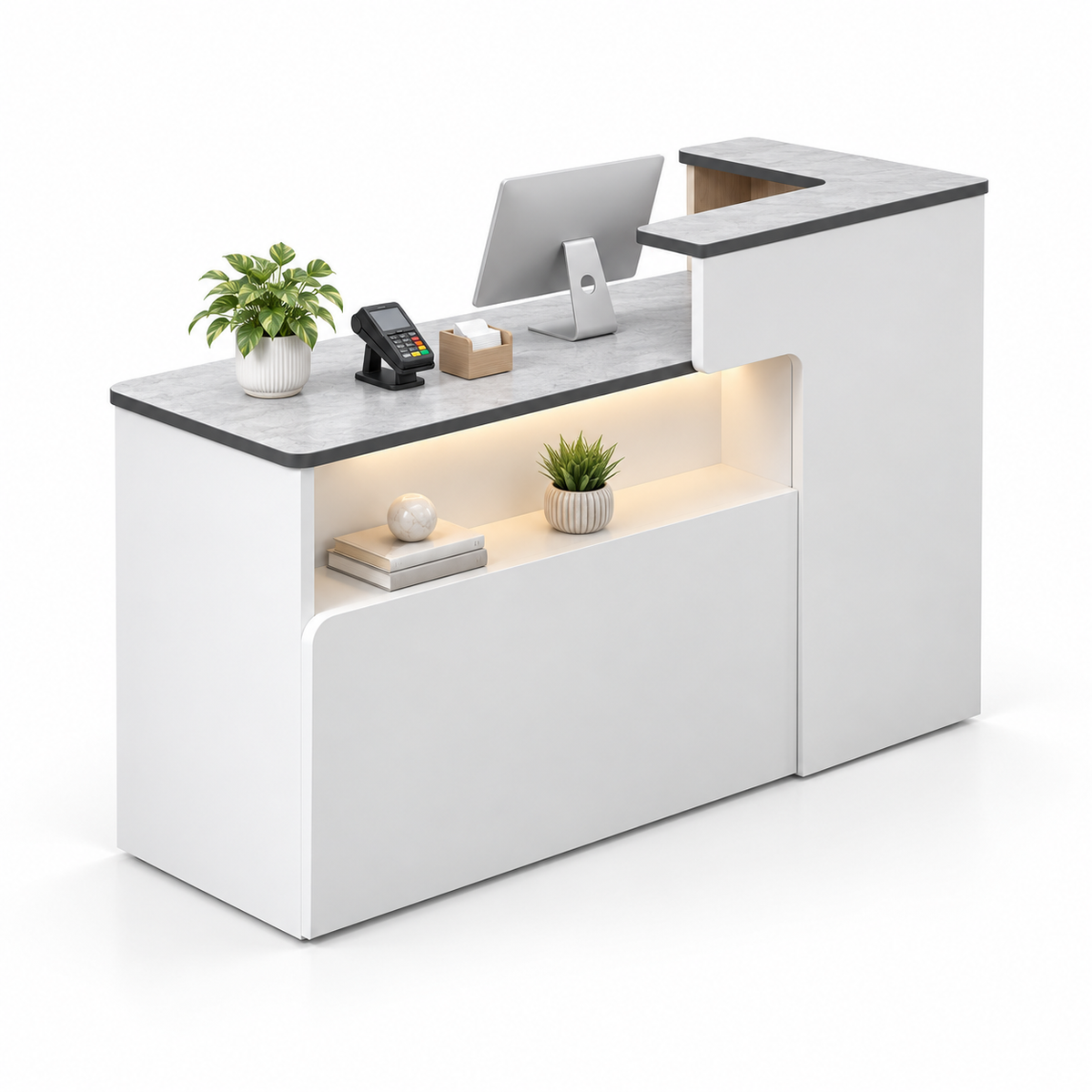 Illuminated Display Reception Counter with Raised Service Ledge — White + Grey Marble-Look, Right Type