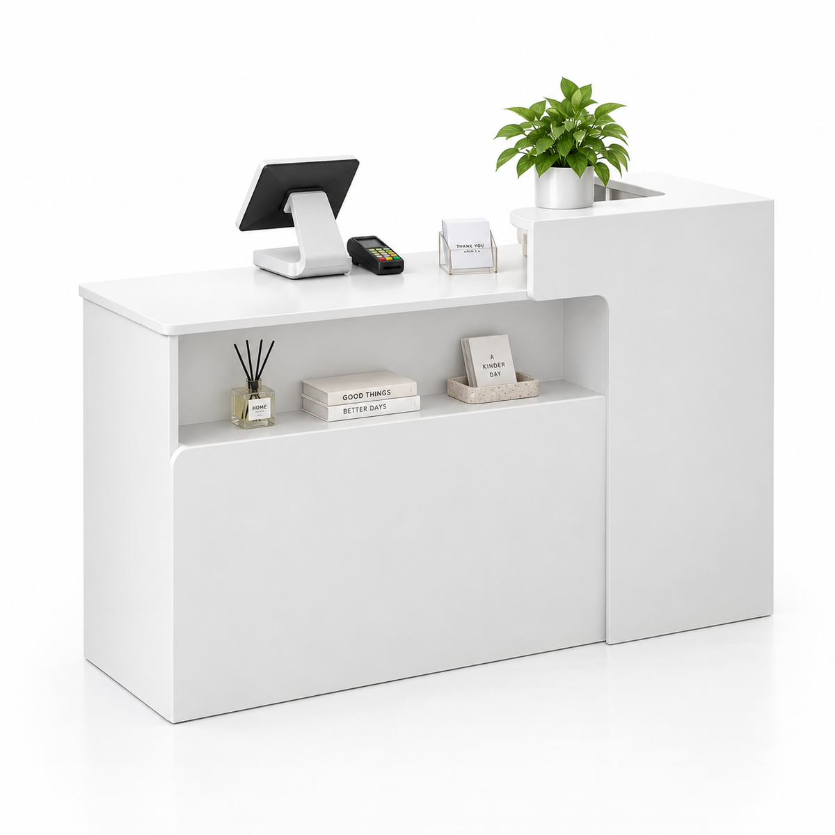 Illuminated Display Reception Counter with Raised Service Ledge — White, Left Type