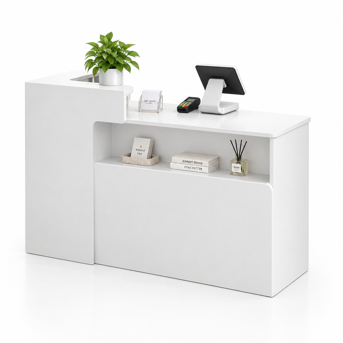 Illuminated Display Reception Counter with Raised Service Ledge — White, Right Type
