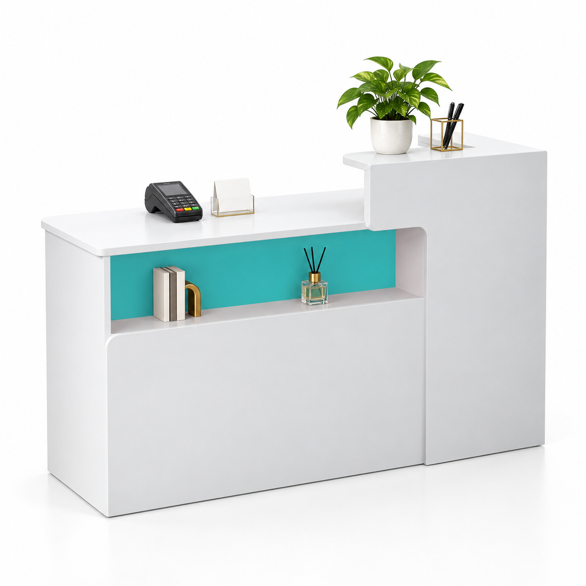 Illuminated Display Reception Counter with Raised Service Ledge — White + Light Blue, Left Type