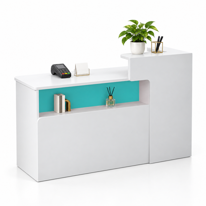 Illuminated Display Reception Counter with Raised Service Ledge — White + Light Blue, Left Type