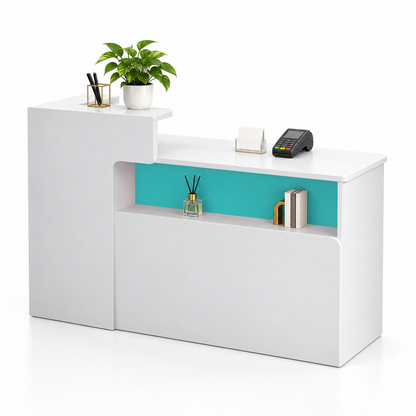 Illuminated Display Reception Counter with Raised Service Ledge — White + Light Blue, Right Type