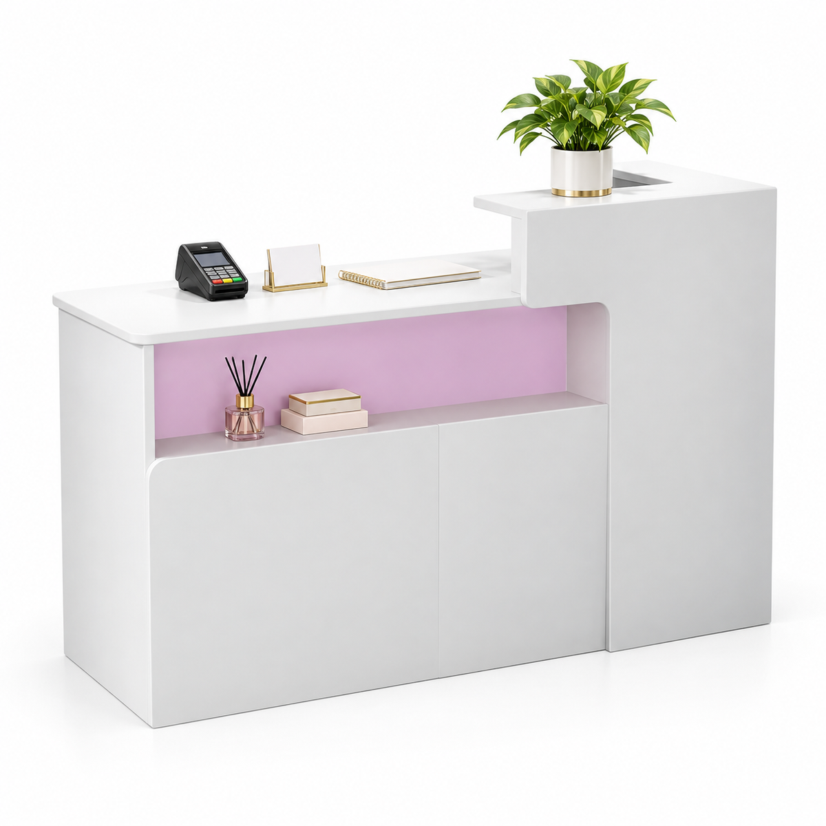 Illuminated Display Reception Counter with Raised Service Ledge — White + Pink, Left Type