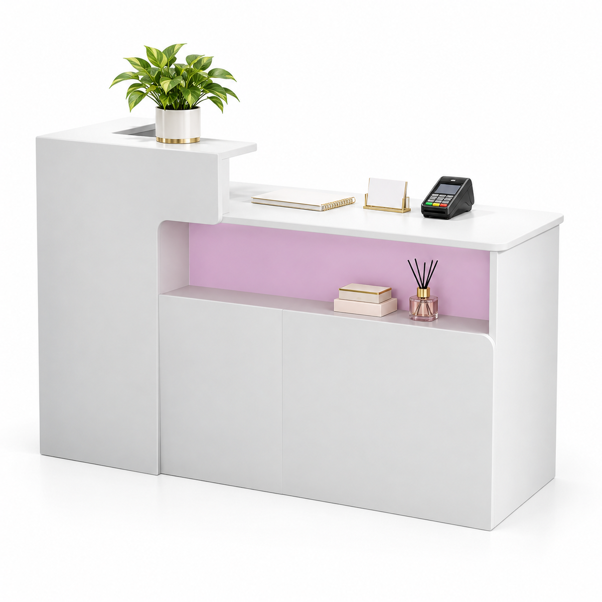 Illuminated Display Reception Counter with Raised Service Ledge — White + Pink, Right Type
