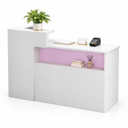 Illuminated Display Reception Counter with Raised Service Ledge — White + Pink, Right Type
