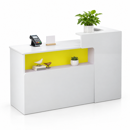 Illuminated Display Reception Counter with Raised Service Ledge — White + Yellow, Left Type
