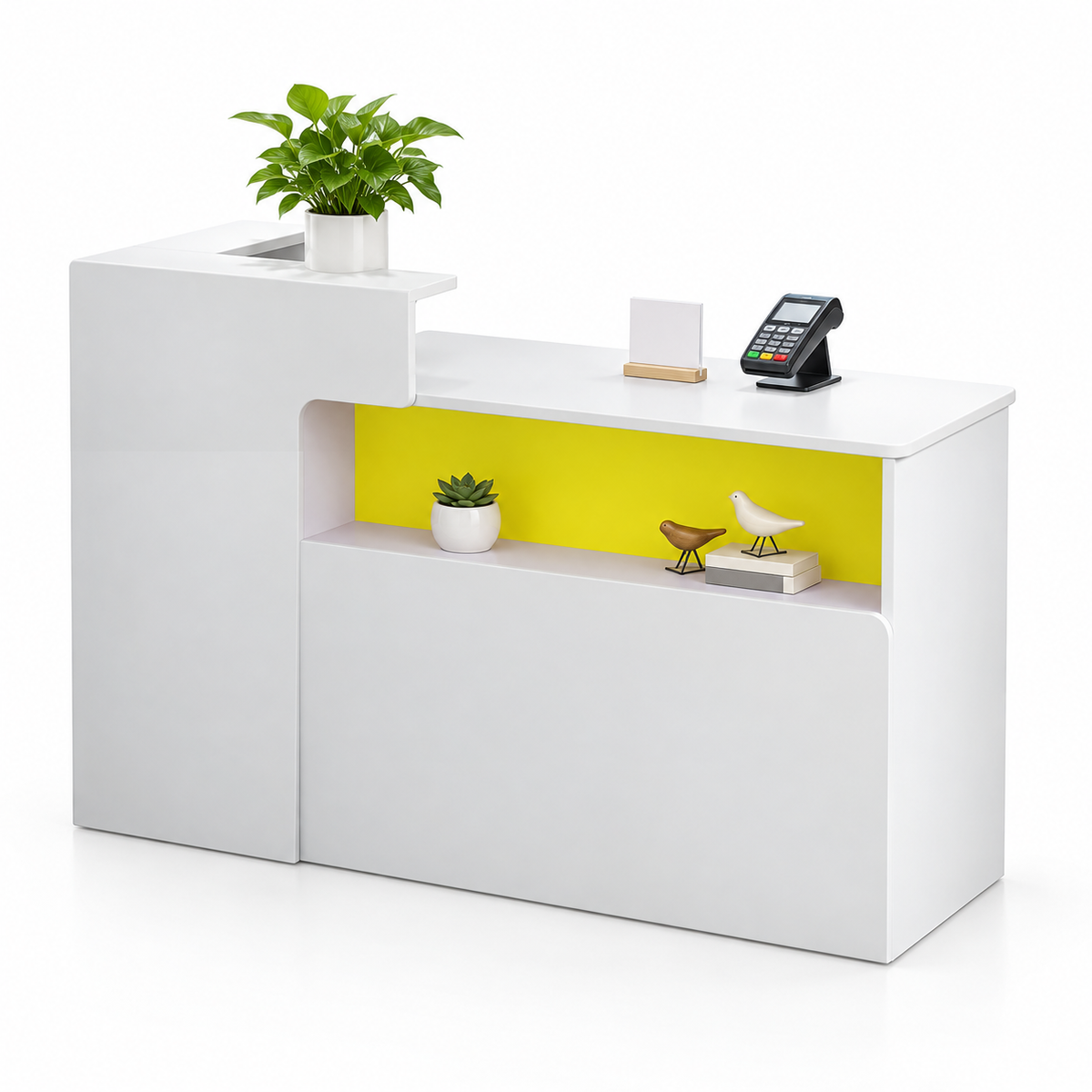 Illuminated Display Reception Counter with Raised Service Ledge — White + Yellow, Right Type