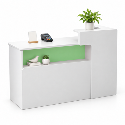 Illuminated Display Reception Counter with Raised Service Ledge — White + Green, Left Type