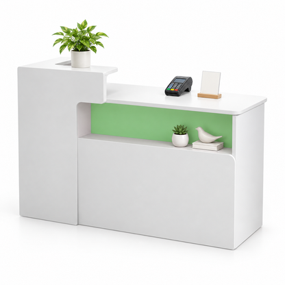 Illuminated Display Reception Counter with Raised Service Ledge — White + Green, Right Type