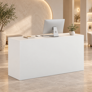 Minimalist Straight Reception Counter with Configurable Storage in a commercial reception setting