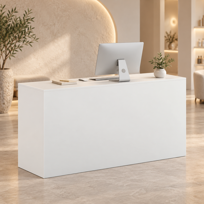 Minimalist Straight Reception Counter with Configurable Storage in a commercial reception setting