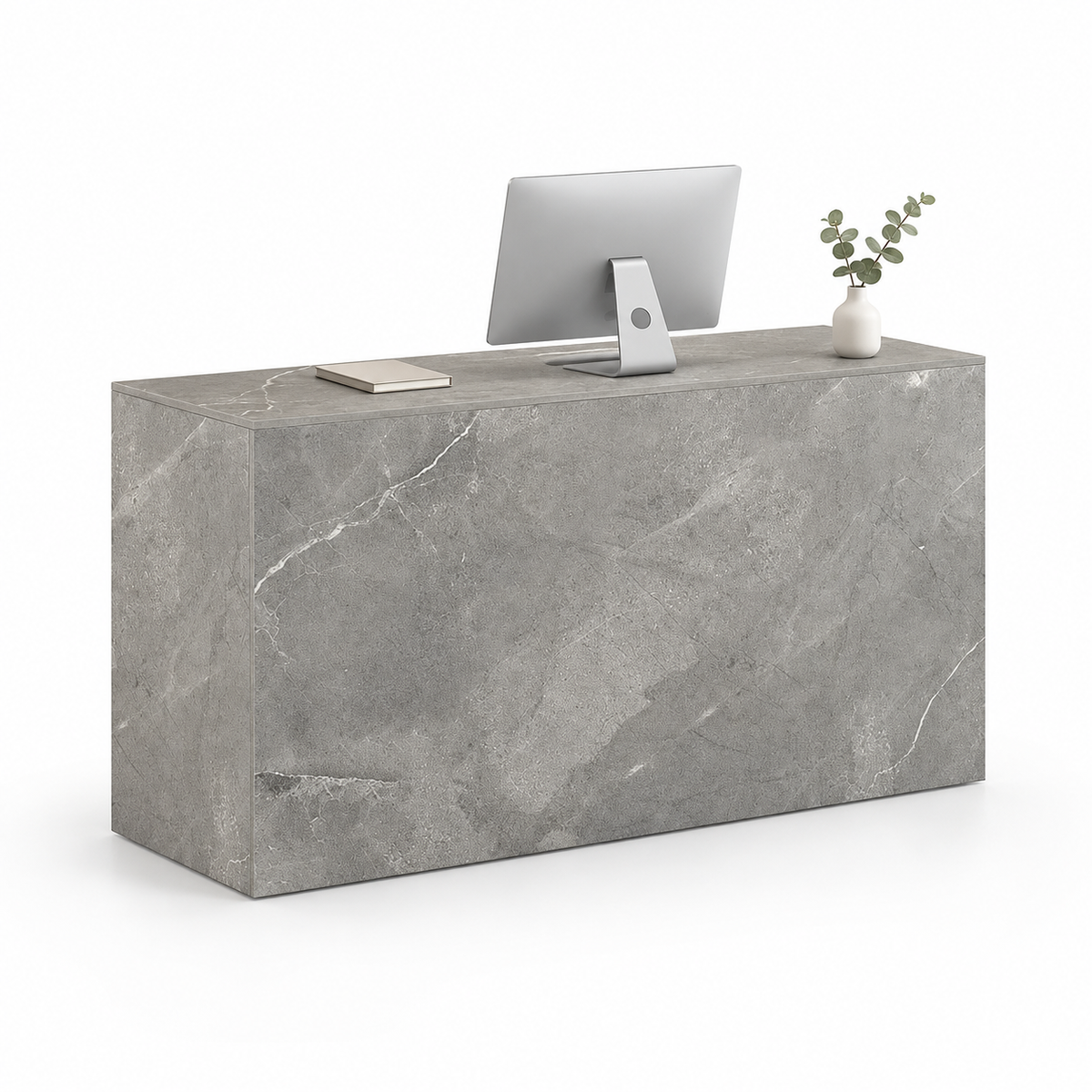 Minimalist Straight Reception Counter with Configurable Storage — Grey Stone-Look