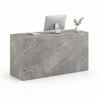 Minimalist Straight Reception Counter with Configurable Storage — Grey Stone-Look