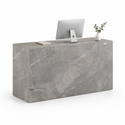 Minimalist Straight Reception Counter with Configurable Storage — Grey Stone-Look