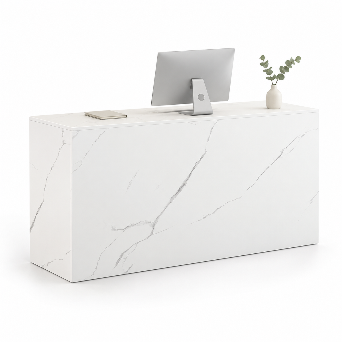 Minimalist Straight Reception Counter with Configurable Storage — White Stone-Look