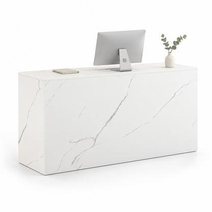 Minimalist Straight Reception Counter with Configurable Storage — White Stone-Look