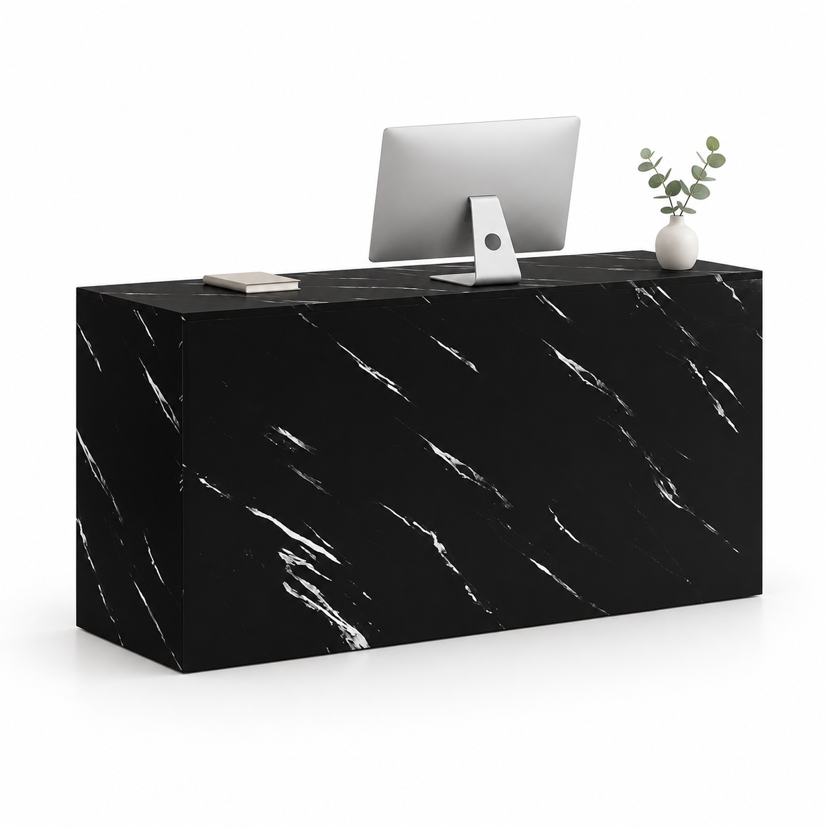 Minimalist Straight Reception Counter with Configurable Storage — Black Stone-Look