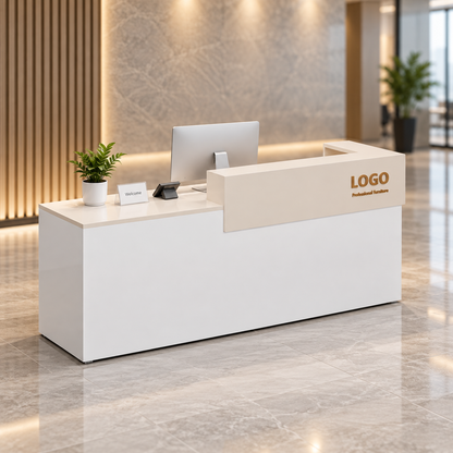 Two-Tier Reception Counter with Lockable Storage & Flexible Layout in a modern commercial interior