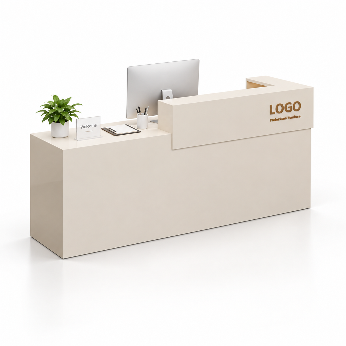 Two-Tier Reception Counter with Lockable Storage & Flexible Layout — 米色_左款