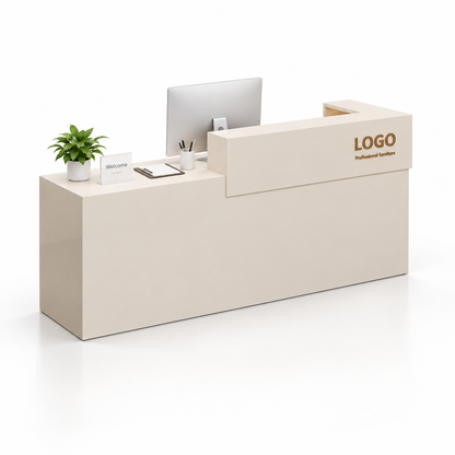 Two-Tier Reception Counter with Lockable Storage & Flexible Layout — 米色_左款