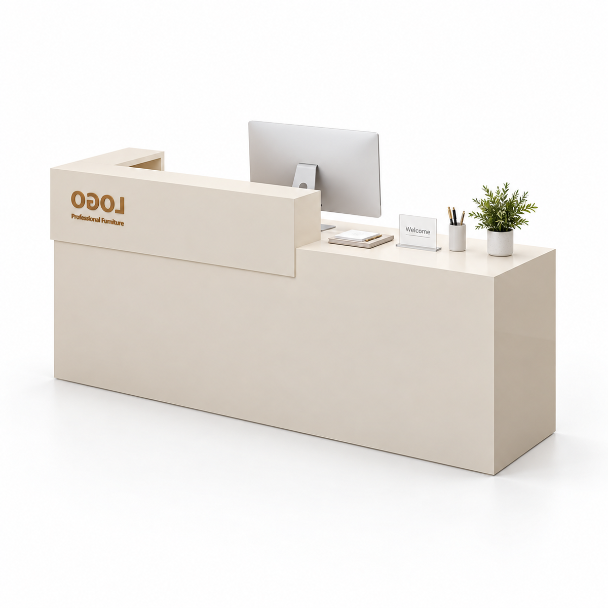 Two-Tier Reception Counter with Lockable Storage & Flexible Layout — 米色_右款
