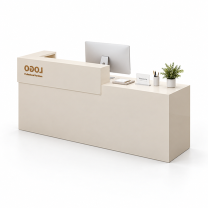 Two-Tier Reception Counter with Lockable Storage & Flexible Layout — 米色_右款