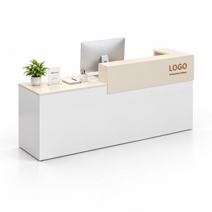 Two-Tier Reception Counter with Lockable Storage & Flexible Layout — 白色+米色_左款