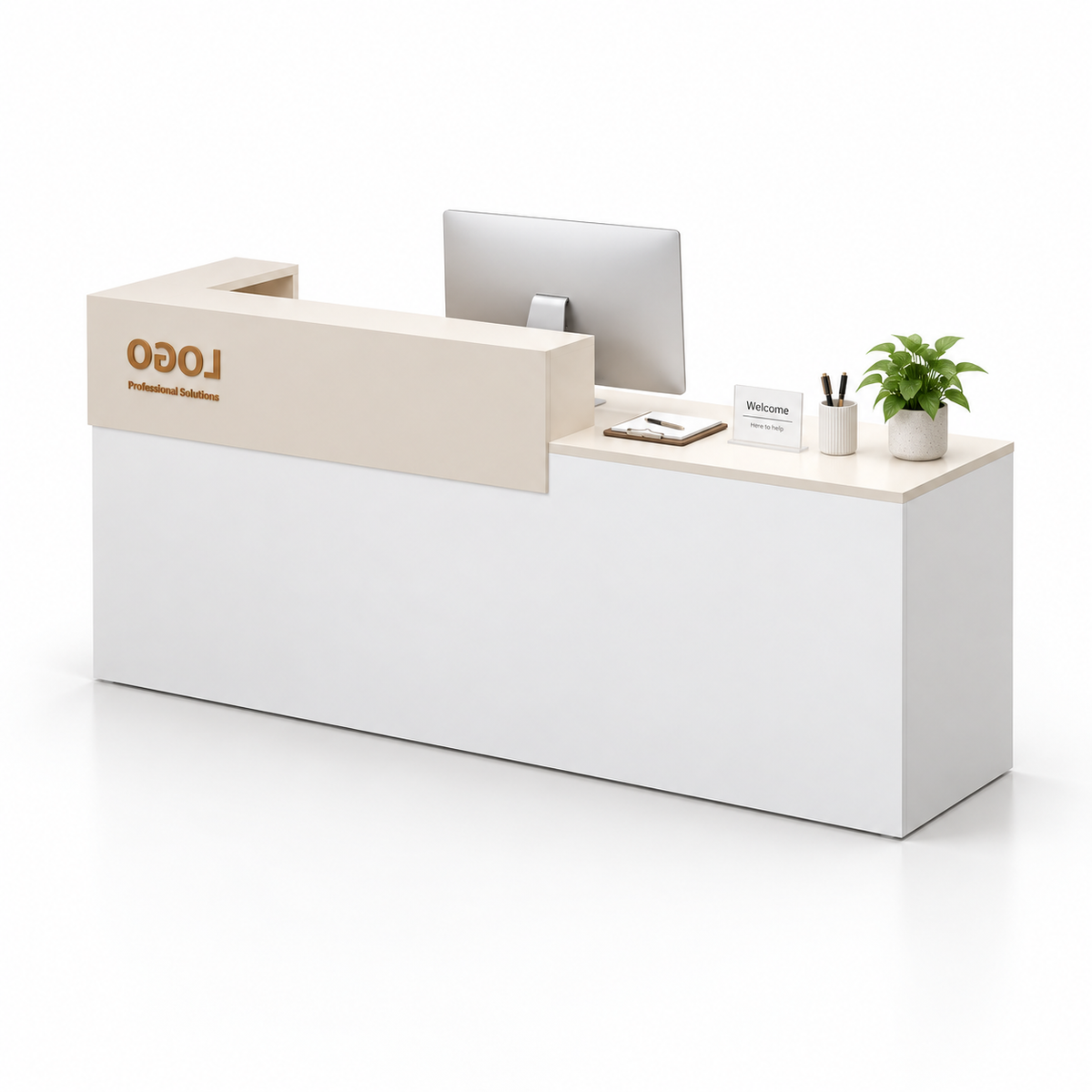 Two-Tier Reception Counter with Lockable Storage & Flexible Layout — 白色+米色_右款