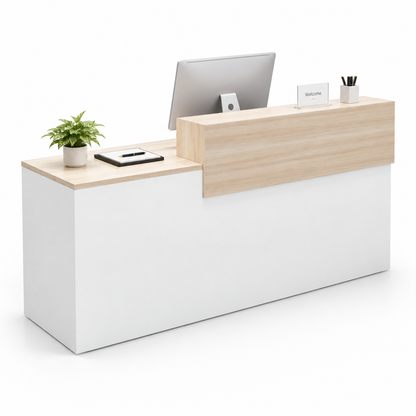 Two-Tier Reception Counter with Lockable Storage & Flexible Layout — 白色+原木色_左款