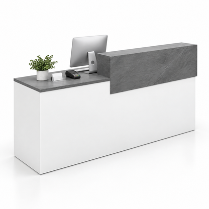 Two-Tier Reception Counter with Lockable Storage & Flexible Layout — 白色+灰色大理石纹_左款