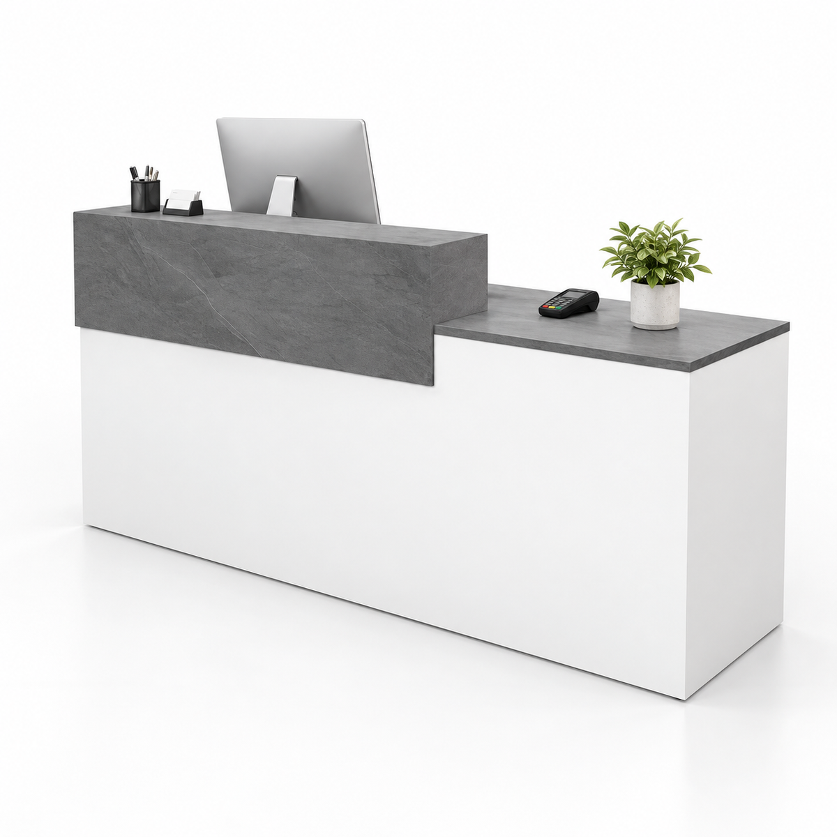 Two-Tier Reception Counter with Lockable Storage & Flexible Layout — 白色+灰色大理石纹_右款