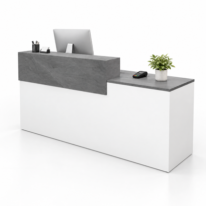 Two-Tier Reception Counter with Lockable Storage & Flexible Layout — 白色+灰色大理石纹_右款