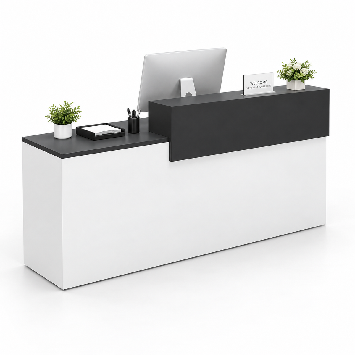 Two-Tier Reception Counter with Lockable Storage & Flexible Layout — 白色+黑色_左款