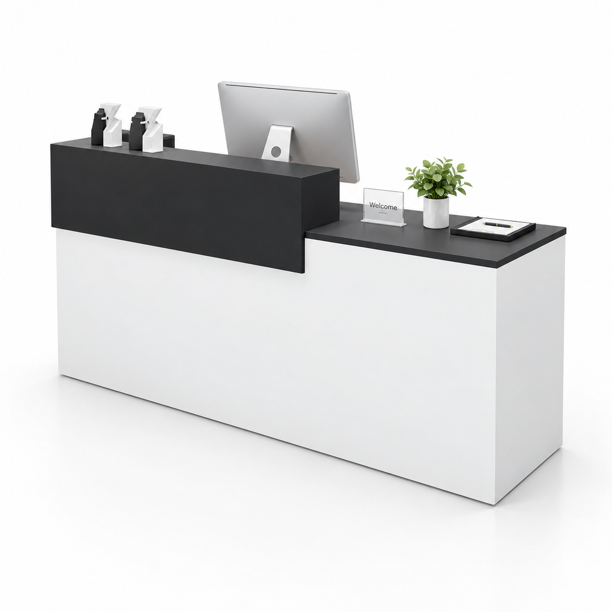 Two-Tier Reception Counter with Lockable Storage & Flexible Layout — 白色+黑色_右款