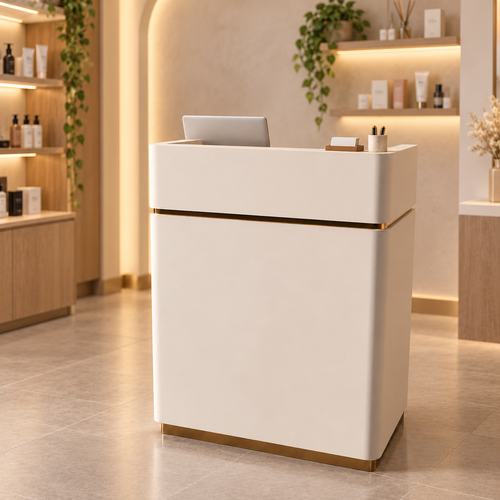 Compact Reception Counter with Metallic Accent Trim in a commercial reception setting