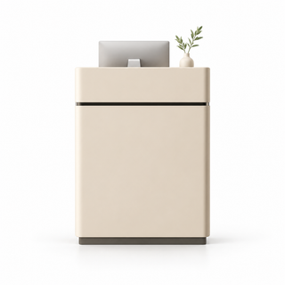 Compact Reception Counter with Metallic Accent Trim — Beige + Silver Trim