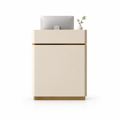 Compact Reception Counter with Metallic Accent Trim — Beige + Gold Trim