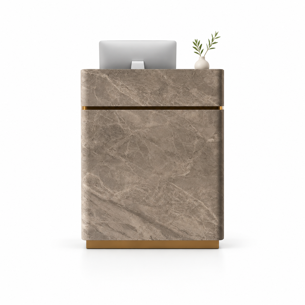 Compact Reception Counter with Metallic Accent Trim — Grey Marble-Look + Gold Trim