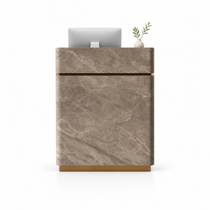 Compact Reception Counter with Metallic Accent Trim — Grey Marble-Look + Gold Trim