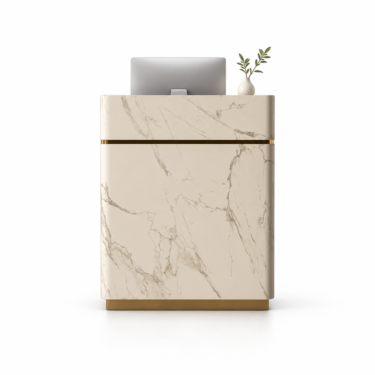 Compact Reception Counter with Metallic Accent Trim — Beige Marble-Look + Gold Trim