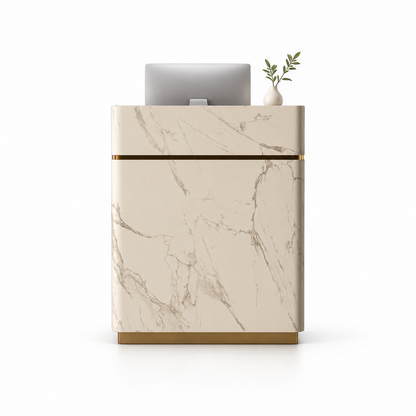 Compact Reception Counter with Metallic Accent Trim — Beige Marble-Look + Gold Trim