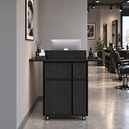 Compact Mobile Checkout Counter with Lockable Drawer and Storage — front scene
