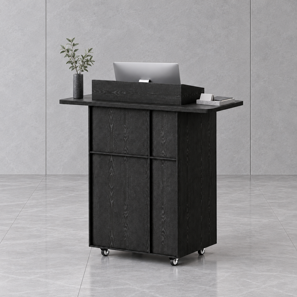 Compact Mobile Checkout Counter with Lockable Drawer and Storage — side scene