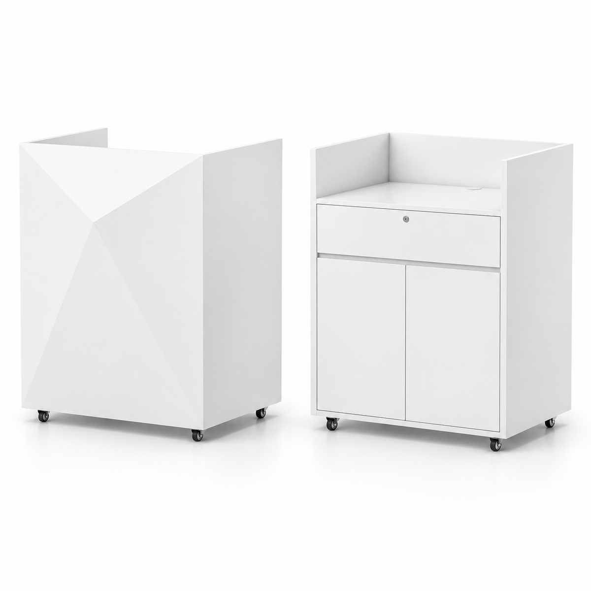 Compact Mobile Checkout Counter with Lockable Drawer and Storage — White — Style 12 — 90cm(L) x 65cm(W) x 114cm(H)