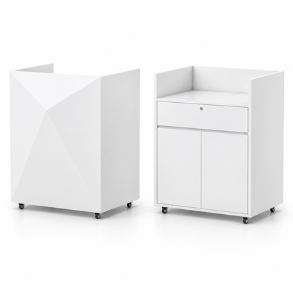 Compact Mobile Checkout Counter with Lockable Drawer and Storage — White — Style 12 — 90cm(L) x 65cm(W) x 114cm(H)