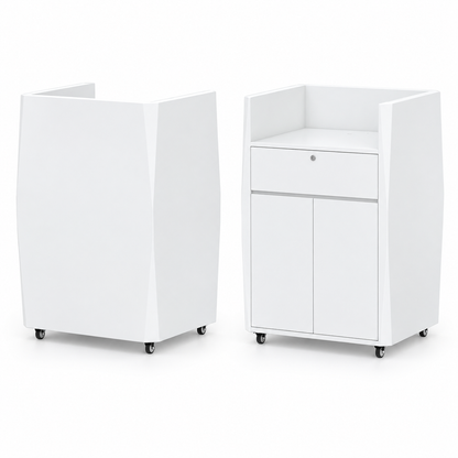 Compact Mobile Checkout Counter with Lockable Drawer and Storage — White — Style 13 — 75cm(L) x 65cm(W) x 110cm(H)