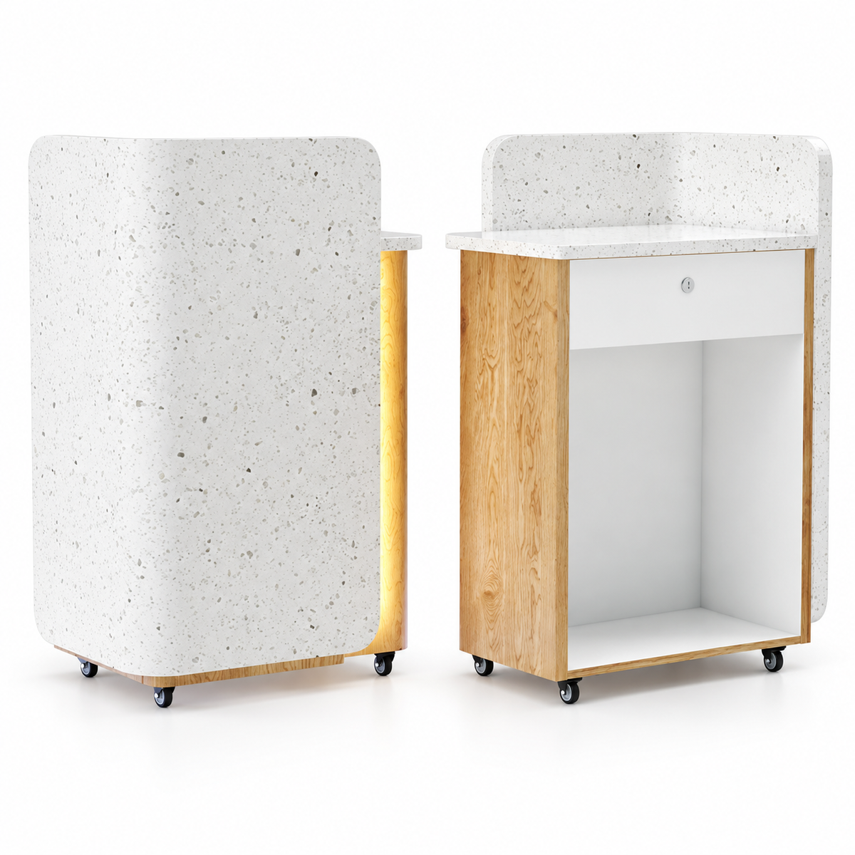 Compact Mobile Checkout Counter with Lockable Drawer and Storage — White — Style 17 — 75cm(L) x 50cm(W) x 116cm(H)