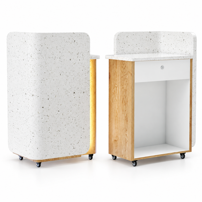 Compact Mobile Checkout Counter with Lockable Drawer and Storage — White — Style 17 — 75cm(L) x 50cm(W) x 116cm(H)