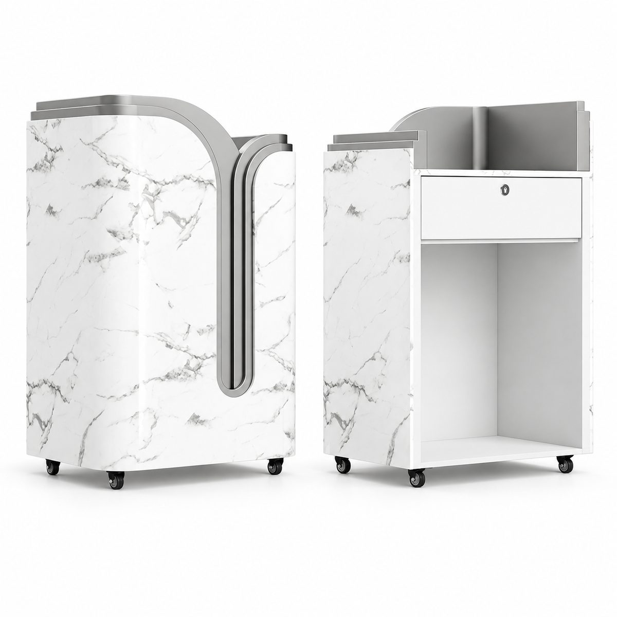 Compact Mobile Checkout Counter with Lockable Drawer and Storage — Silver — Style 18 — 75cm(L) x 50cm(W) x 116cm(H)
