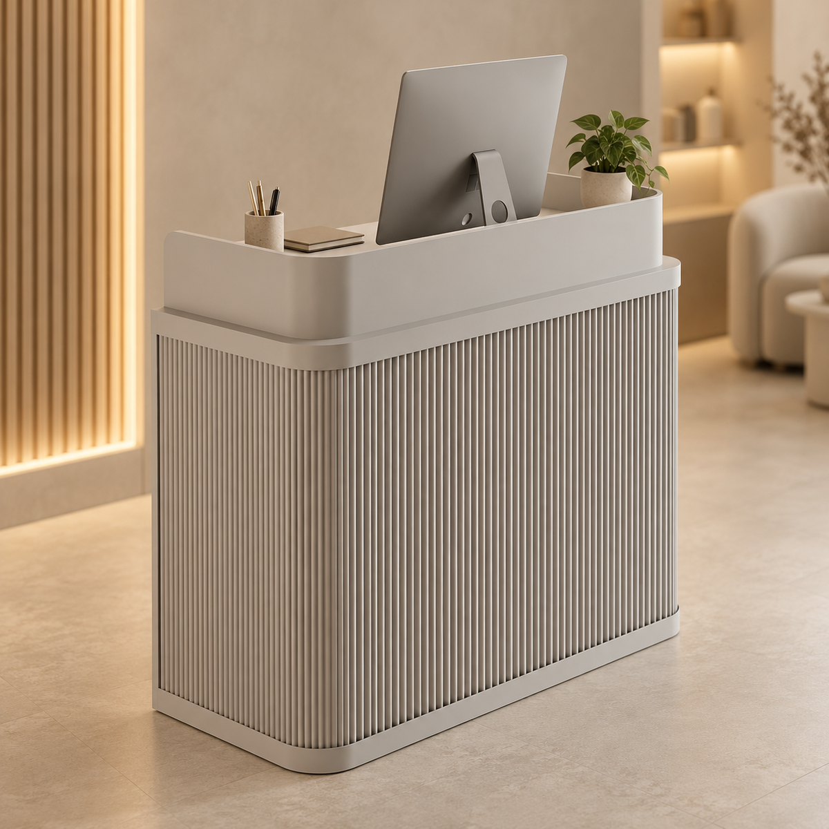 Curved Fluted Reception Counter in Nine Colours in a commercial reception setting